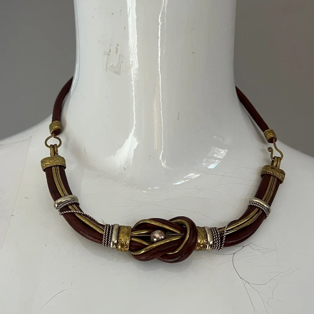 Brown Leather & Brass Semi Structured Necklace